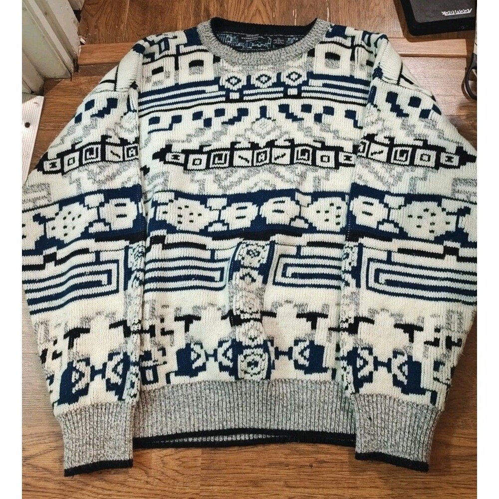 VTG 80s EXPRESSIONS Geometric Navajo Knit Pullover Men's Large Sweater Textured